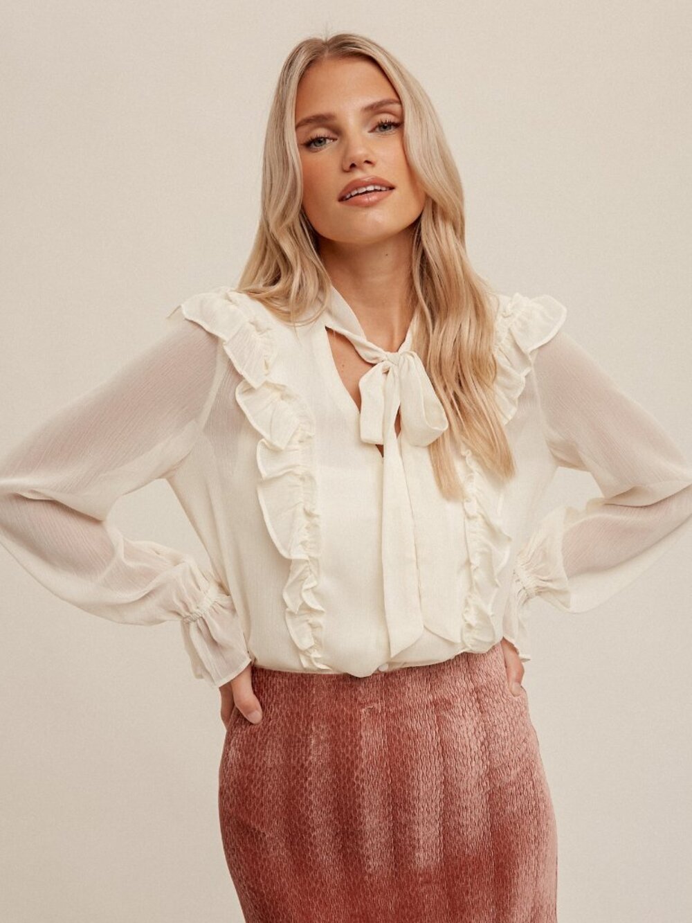 HEM & THREAD Ivory Ruffle Tie Blouse | Sheer Long Sleeve Feminine Top
